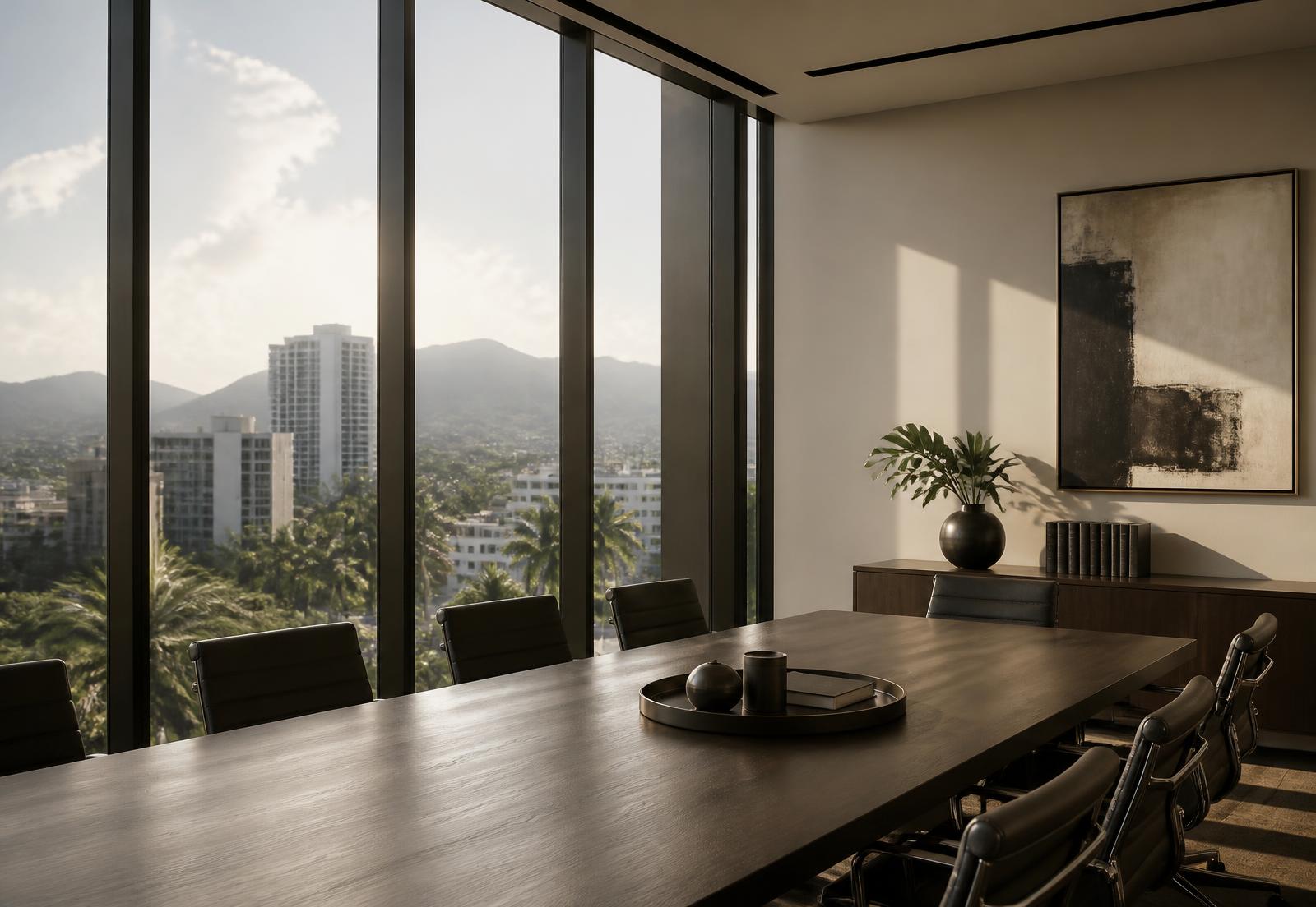 Sala de reuniones de la oficina con vista a San Pedro Sula